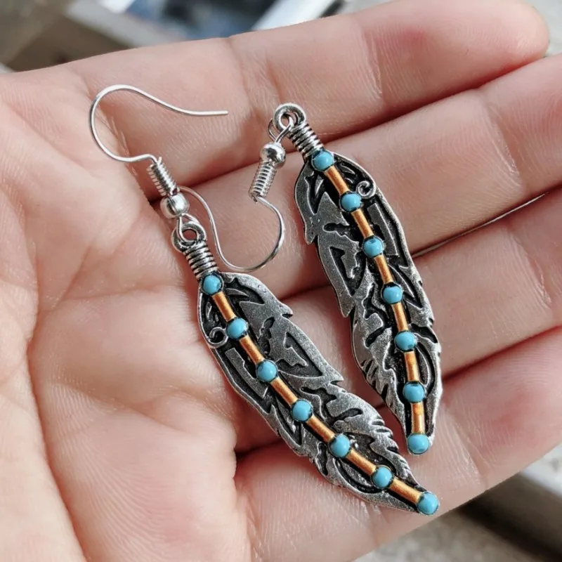 Bohemian Style Turquoise Feather Earrings - 925 Silver Plated Ear Jewelry for Women