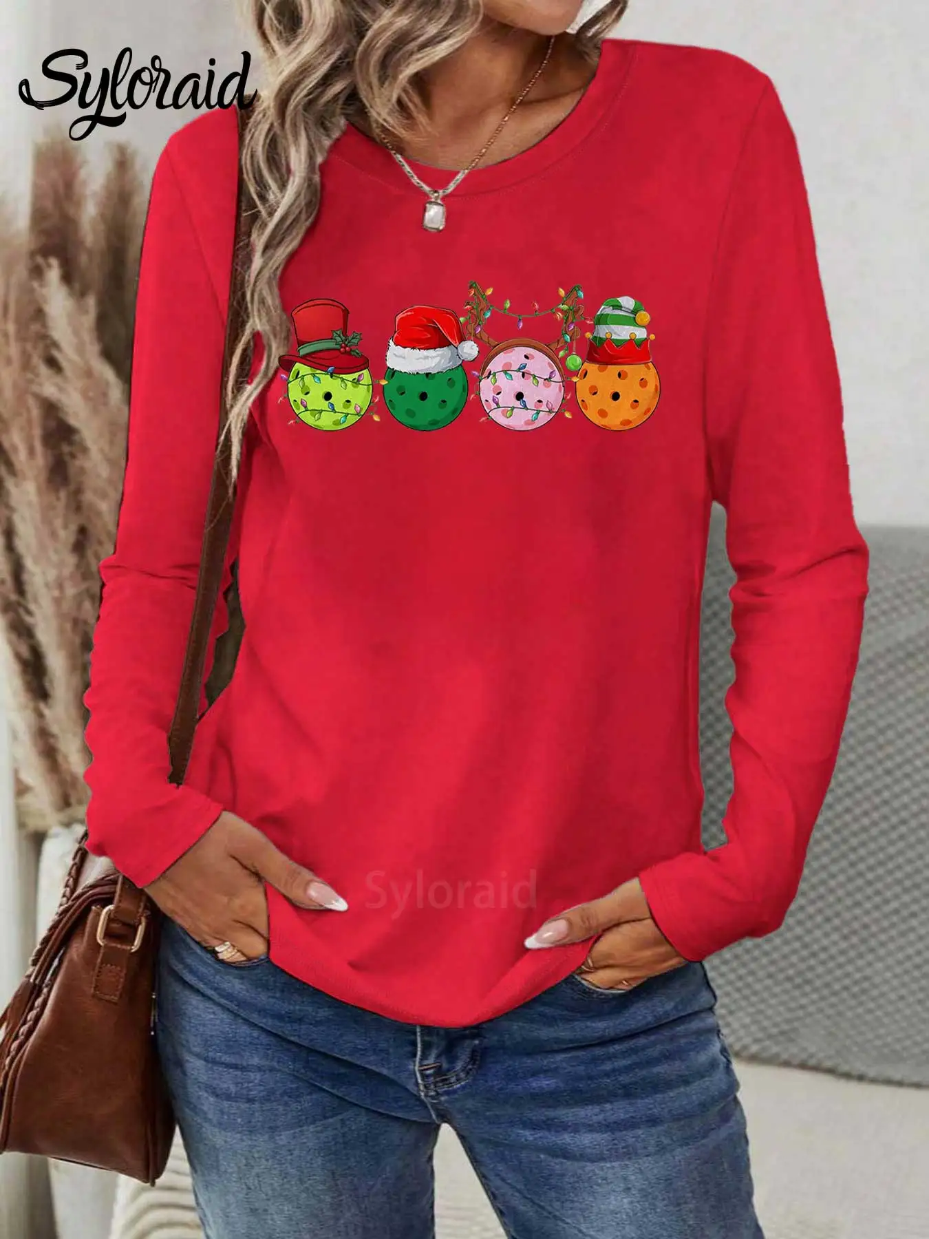 تي شيرت نسائي بأكمام طويلة تي شيرت Pickleball Christmas Graphic تي شيرت عصري برقبة دائرية كاجوال #3