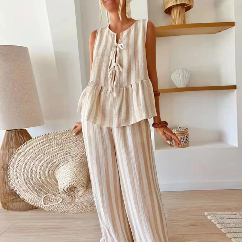 Spring Stripe Print Hollow Women Outfit Sexy Front Tie-up Bowknot Vest Top Wide Leg Pant Set Summer Sleeveless Loose Ruffle Suit