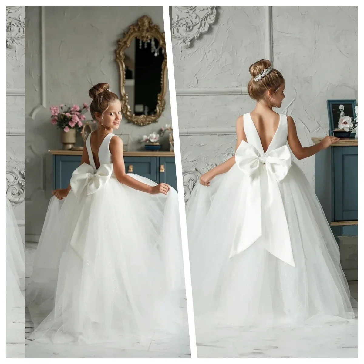 

White Flower Girl Dress With Bow Long Train Flower Lace Dresses Satin Wedding Prom Gowns Birthday First Communion Dress
