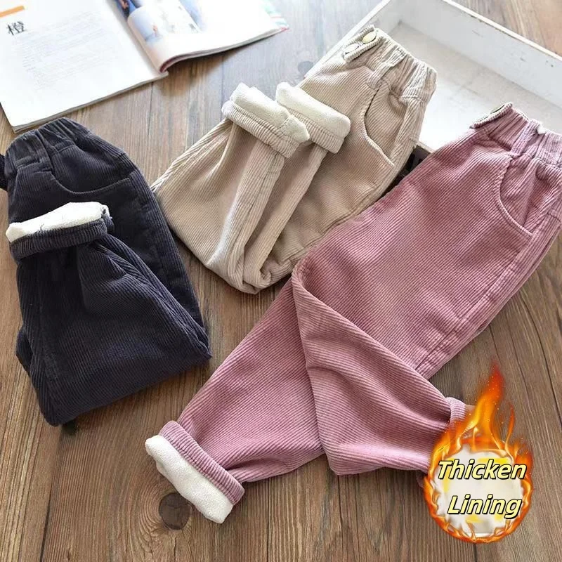 Winter Kids Corduroy Pants Thicken Fleece Lining Solid Color Warm Loose Trousers for 2-7Y Boys and Girls