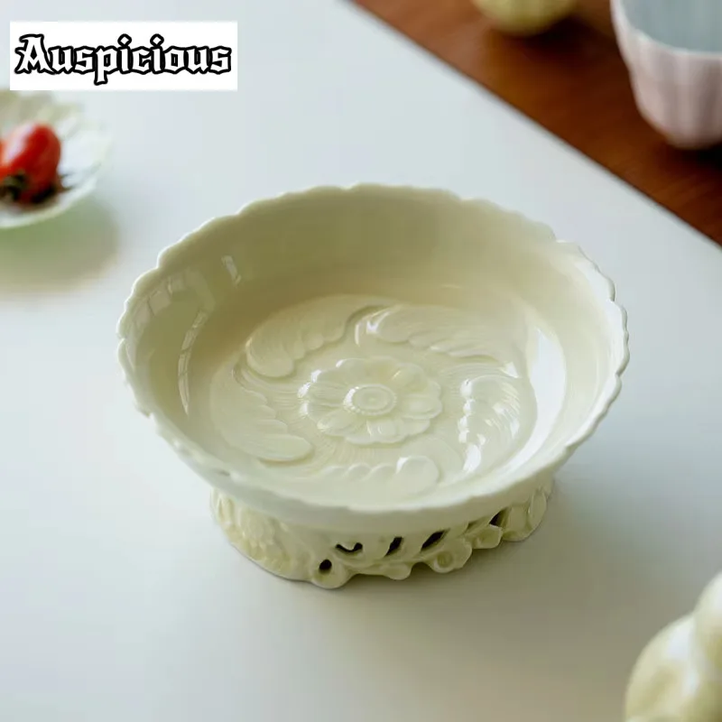 Moonlight Yellow Glaze Tripod Hollow Ceramic Pot Bearing Support Fruit Snack Plate Raise Pot Tea Tray Kung Fu Tea Accessories