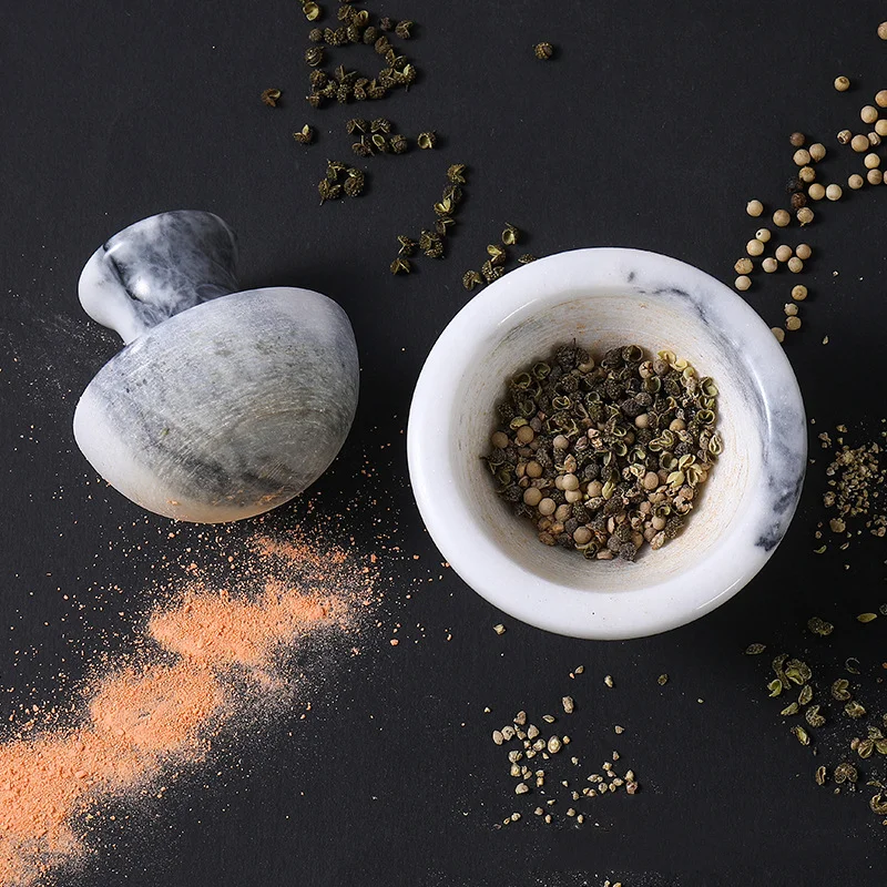 4 Inch Marble Mortar and Mushroom Pestle Stone Grinder Garlic Crusher Spice Mills Grinder for Kitchen Fine Grind Cooking Tools