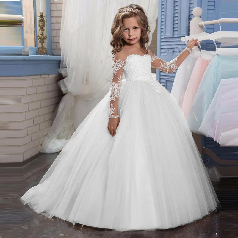 Customized Flower Girl Dresses Champagne Tulle Puffy White Appliques Long Sleeve For Wedding Birthday Party Holy Communion Gowns