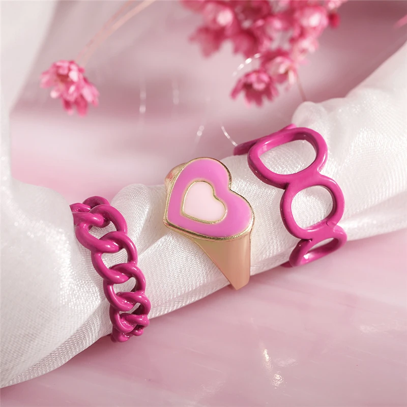 Pink Heart Knot Rings Set Punk Green Crystal Kunckle Geometric Ring Set For Women Girls Fashion Jewelry  Gifts Party 2022 New