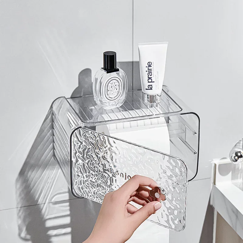 Transparent Wall Mounted Toilet Paper Holder Storage Roll Paper Box Without Punching Suction Tissue Box