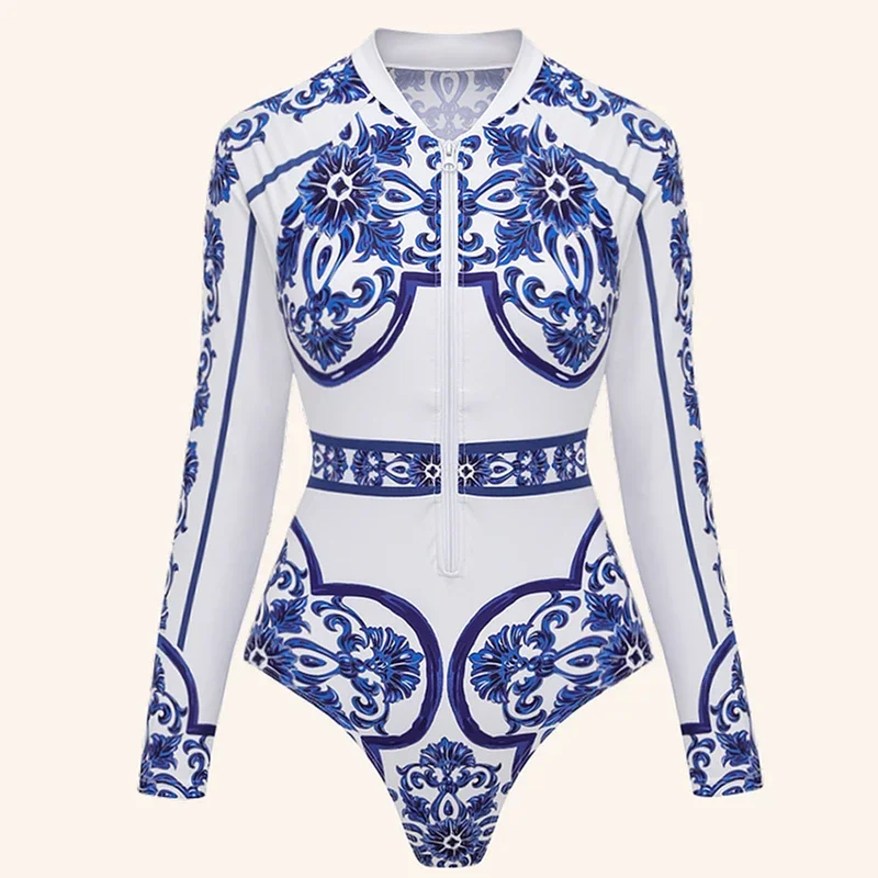 Nuevo traje de baño deportivo para surfear para mujer, traje de baño de una pieza de manga larga, Monokini liso, traje de baño Tropical para mujer