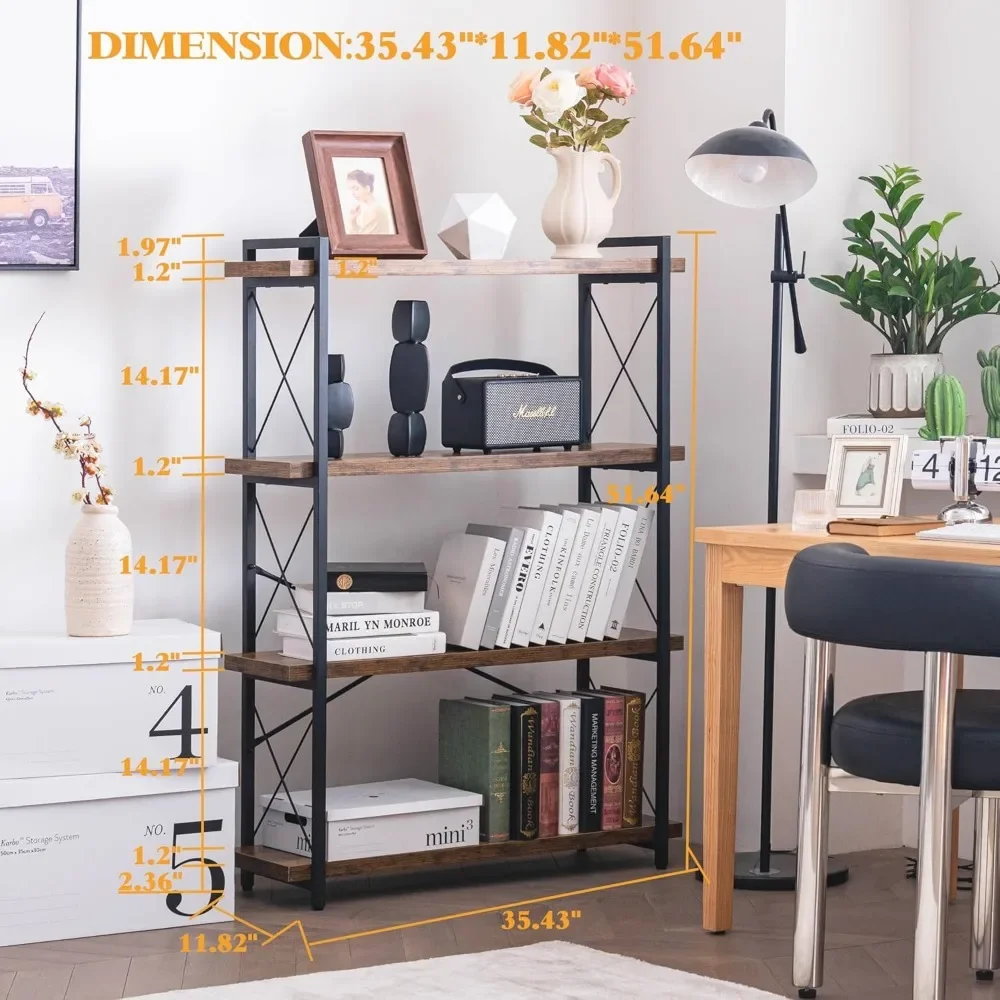 Bookshelf Wooden Storage Shelf Rustic Open Book Shelf Furniture Home Living Room Organizer 4-Tier Industrial Bookcase Rack Books