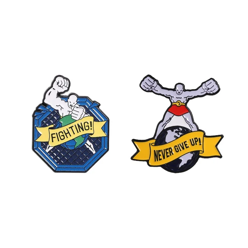 Earth Muscle Man style badges, "NEVER GIVE UP" letters positive energy alloy pins, accessories for clothing , gifts for friends