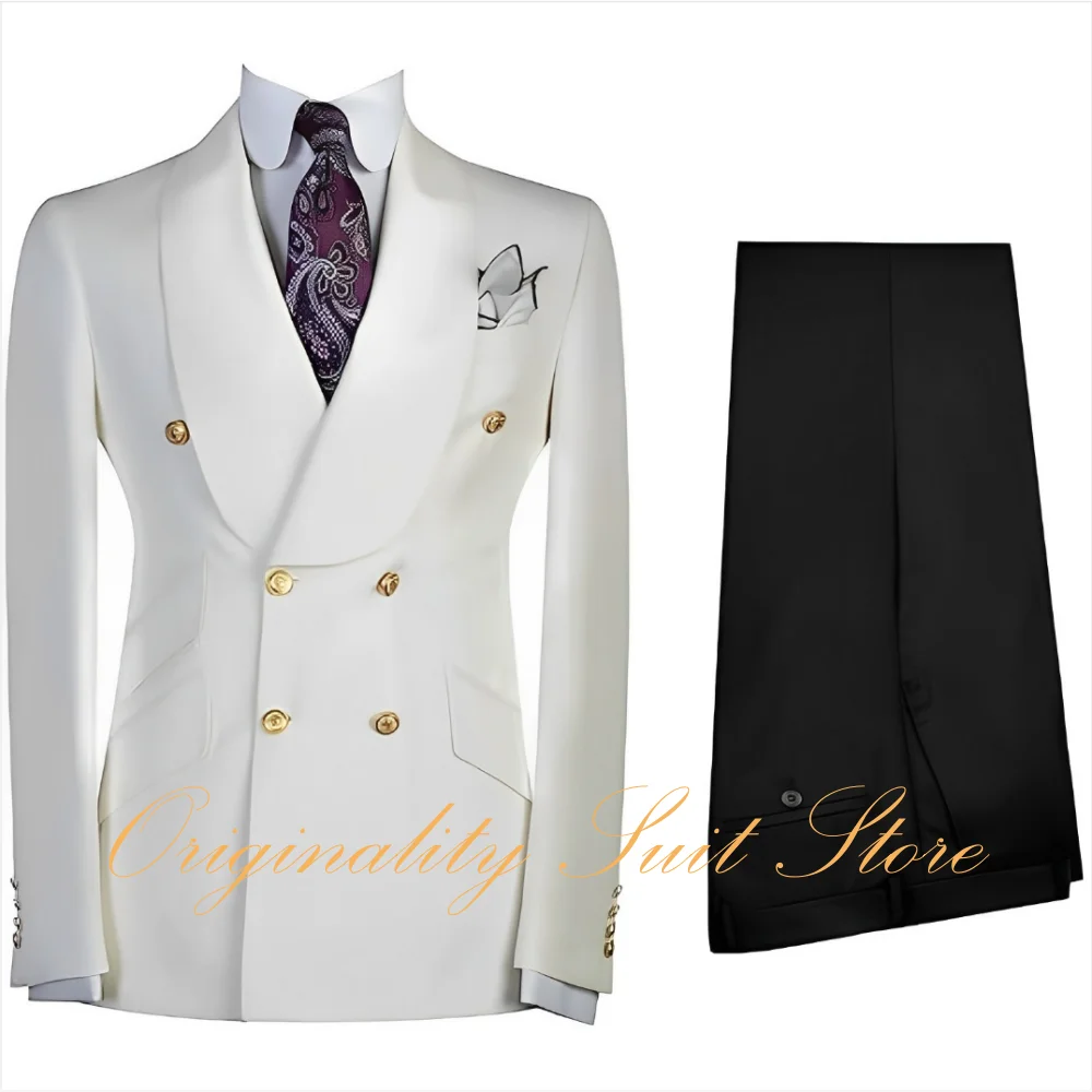 

Formal 2 Piece Men's Suit Slim Fit Double Breasted Tuxedo Gold Button Blazer Pants Men Suit for Wedding Prom
