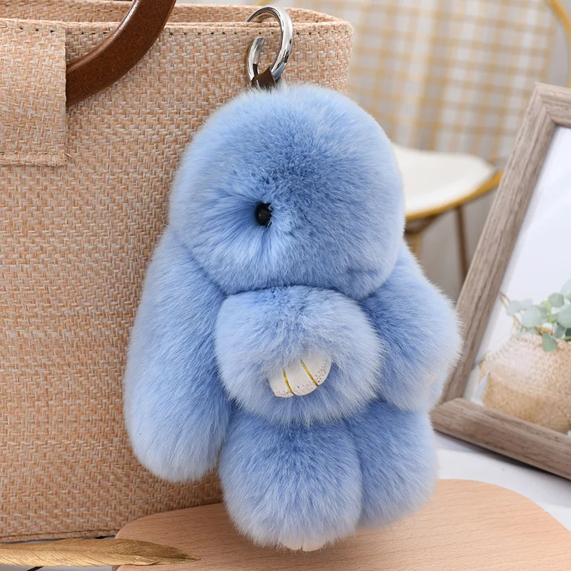 Fluffy Cute Bunny 18CM Real Fur Keychain Rex Rabbit Pom Pom Gift Toy Doll Women Bag Pendant Charm Car Key Keyring Metal ring