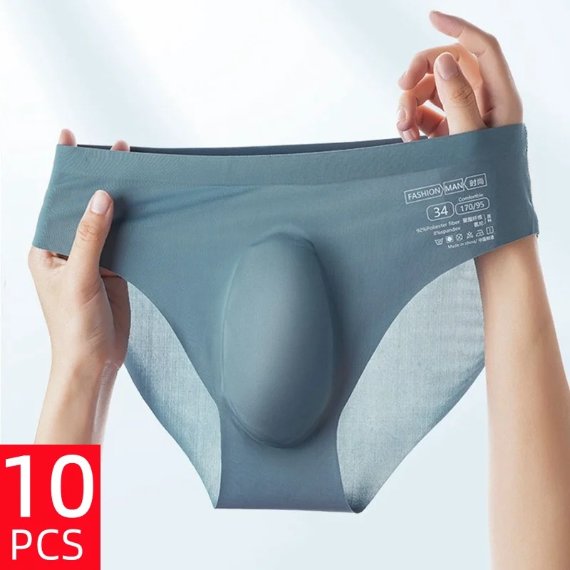 10PCS Men's Summer Ultra-Thin Ice Silk Underwear Comfortable Breathable Sexy Seamless Briefs Cool Quick-Drying Underpants