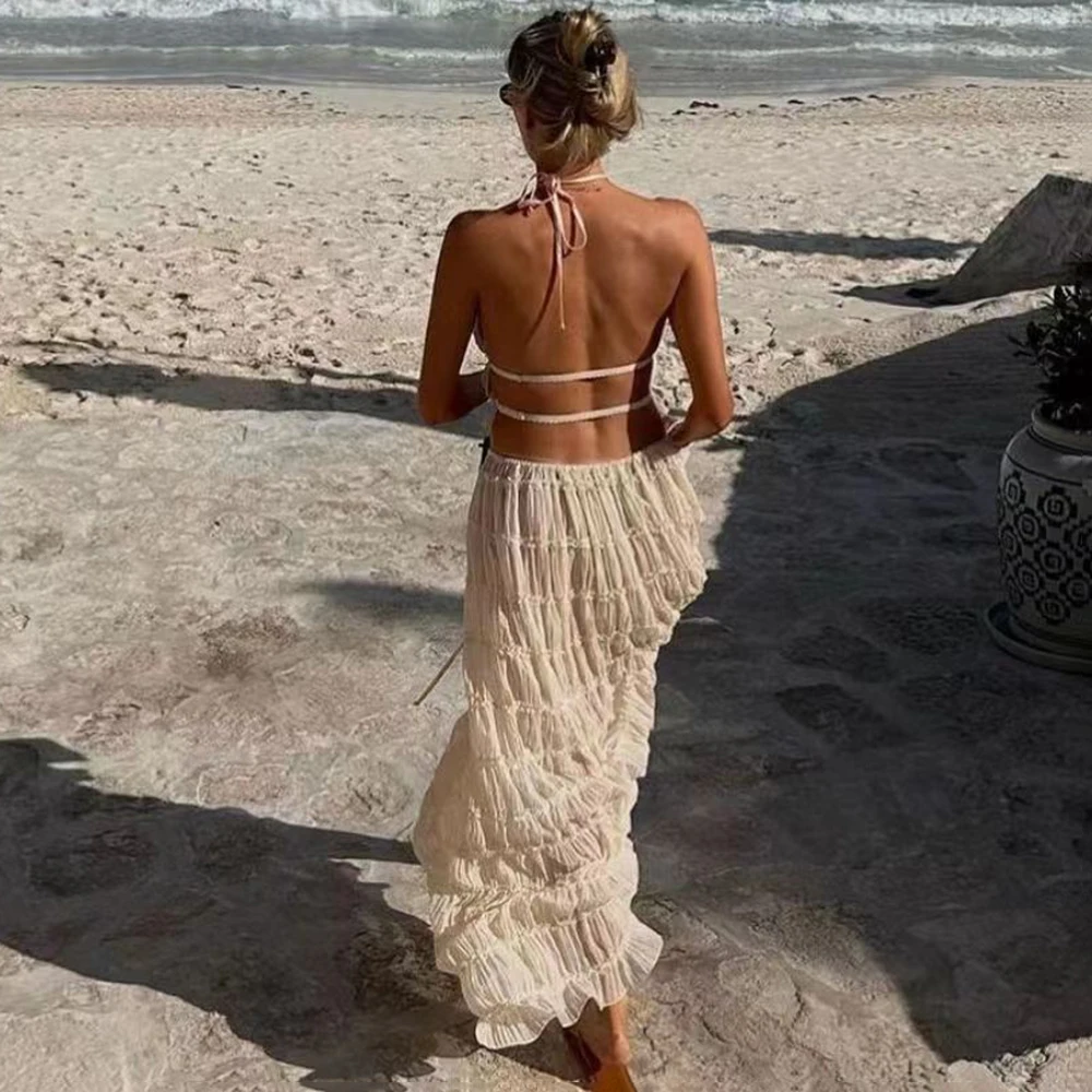 Talenza Lace Neck Strap Long Skirt Set 2-piece Women\'s Sexy Backless Folded Vest Long Skirt Set Loose Vacation Women\'s Skirt Set