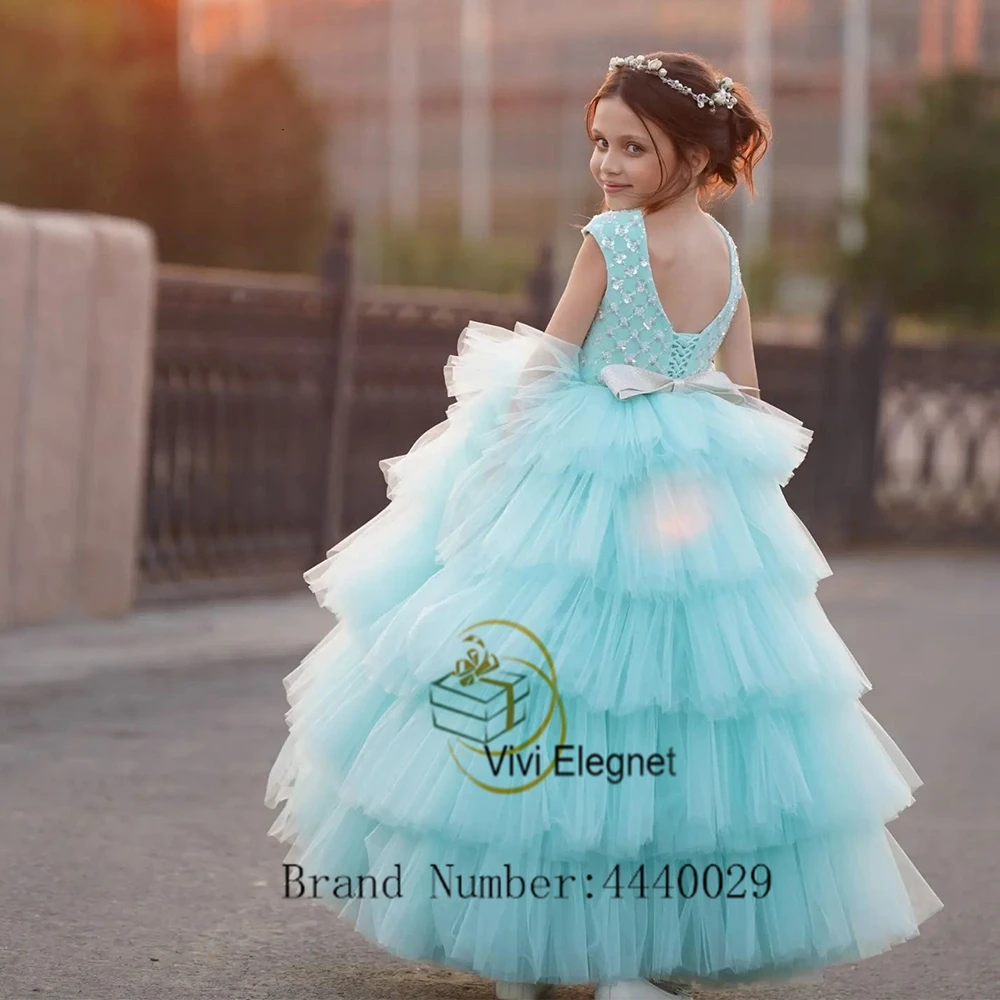 Elegant Flower Girl Dresses for Party 2023 New Summer Lace Up Cap Sleeve Wedding Party Gowns with Sequined Bow فساتين للحفلات ال