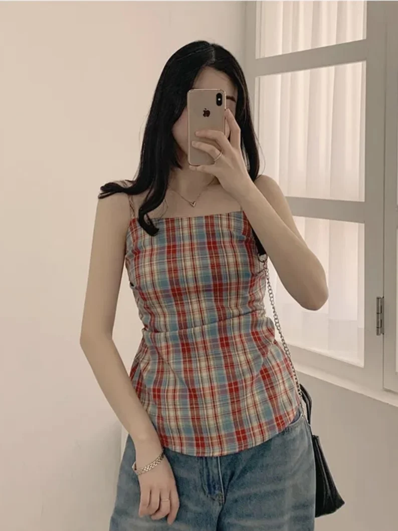 Top curto xadrez vermelho com alças, feminino, verão, uso ao ar livre, design exclusivo, picante, svel, colete moderno