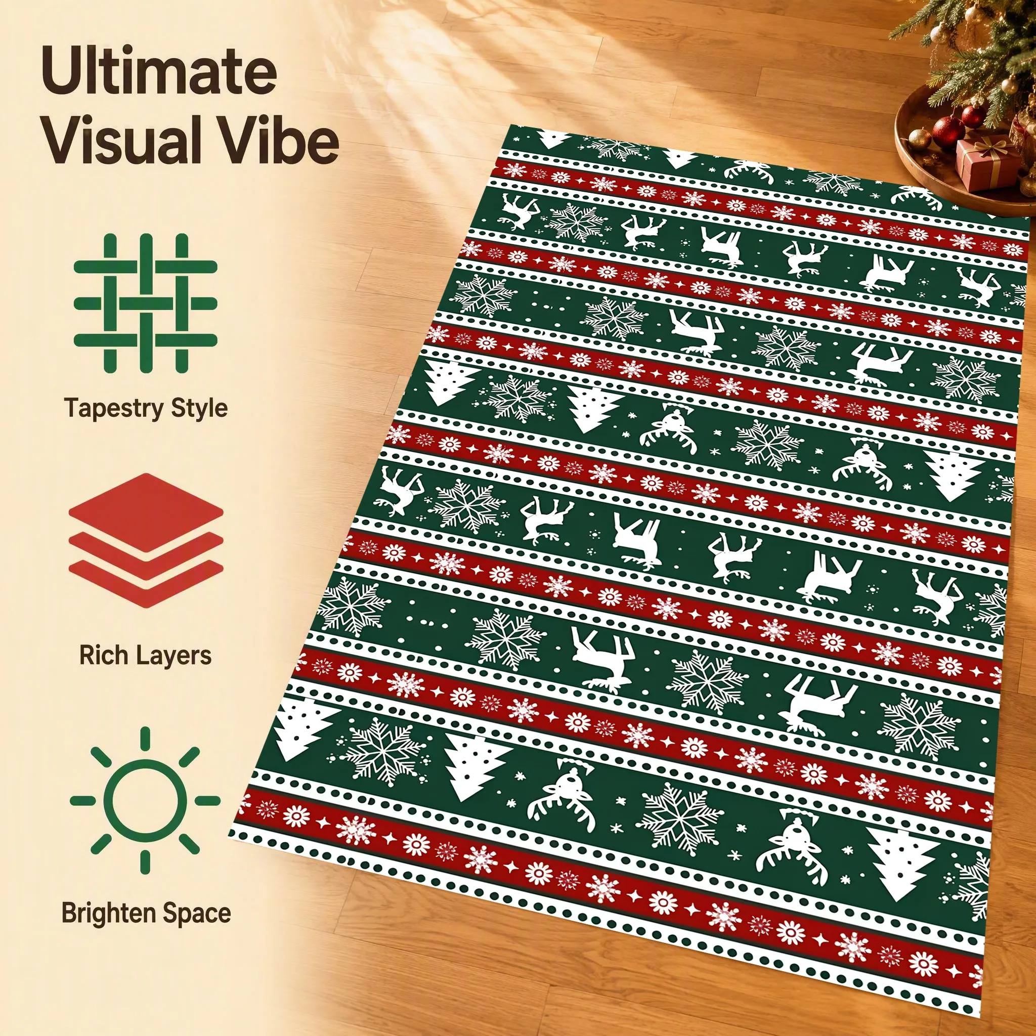 Reindeer, Snowflake, Christmas Tree, Retro Striped, Nordic Style, Christmas Atmosphere, Living Room, Bedroom, Entryway, Autumn and Winter Warm-Toned Soft Furnishings, Velvet Carpet