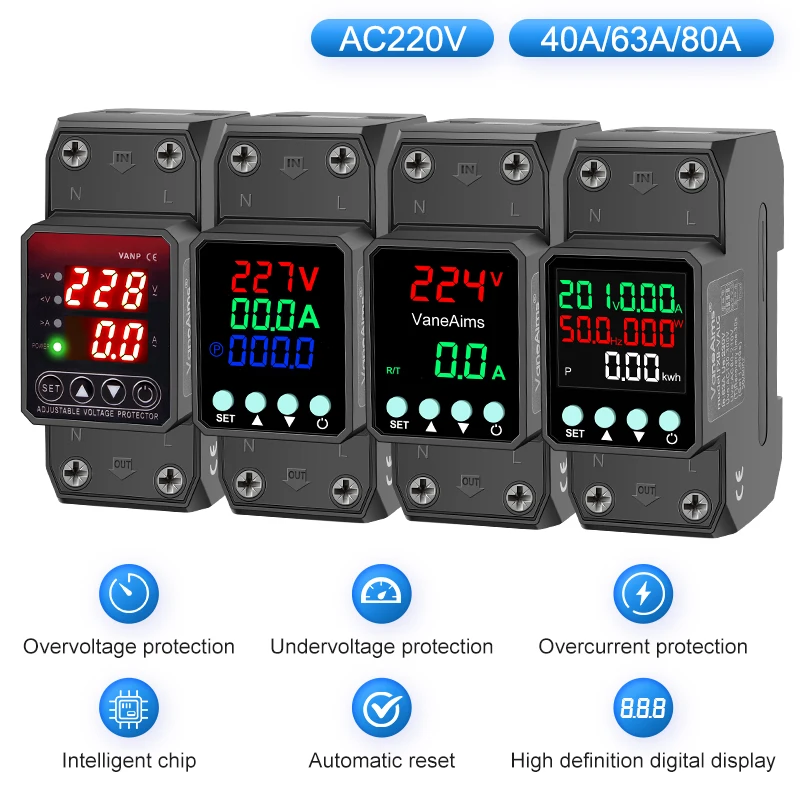 

VaneAims Voltage Relay Protector 220v Din Rail Adjustable Overvoltage Undervoltage Protection Relay 40A 63A 80A 220VAC