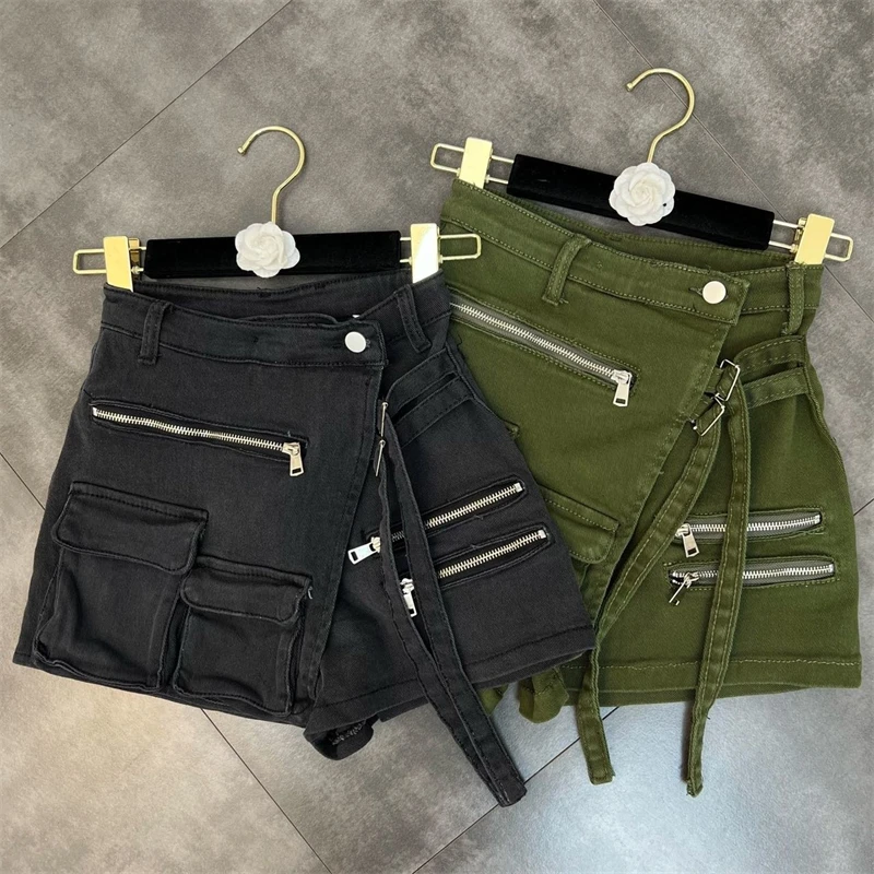 Summer Trendy Irregular Multi-Pocket Zipper Tooling Shorts Tight Waist Slimming Niche Loose Denim Culottes Black Green Tooling