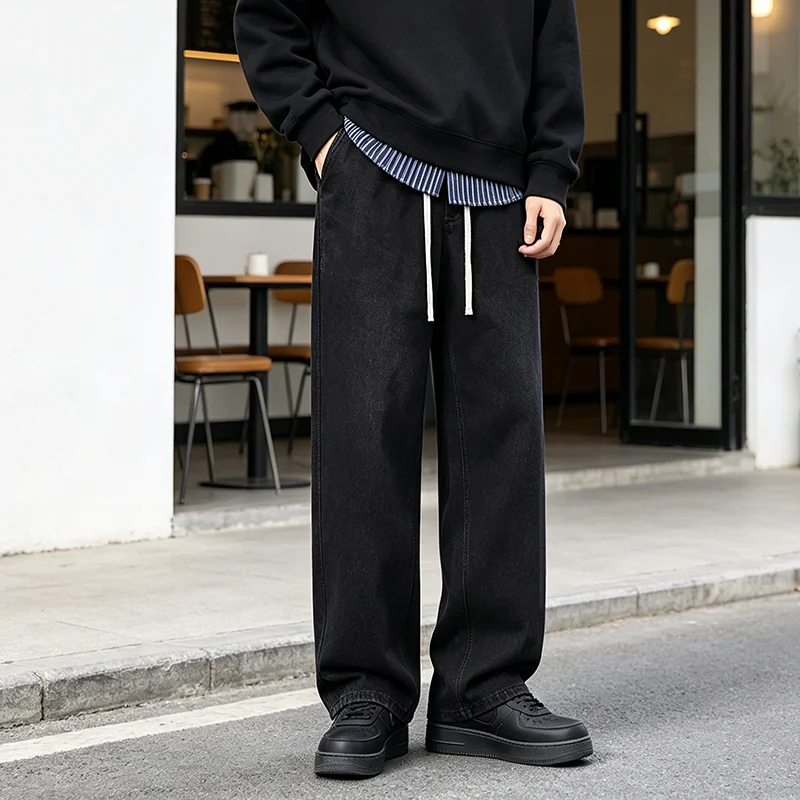 Autumn Winter Men's Baggy Jeans Loose Straight Denim Pants Work Drawstring Elastic Waist Vintage Streetwear Cargo Trousers Male