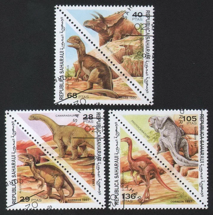 6Pcs/Set Sahara Post Stamps 1997 Prehistoric Dinosaurs Triangular  Marked Postage Stamps for Collecting