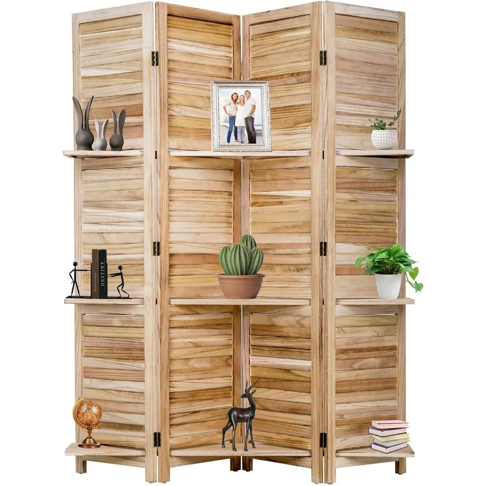 Room Divider Folding Privacy Wooden Screen with Three Clever Shelf Portable Partition Screen Screen Wood for Home Office