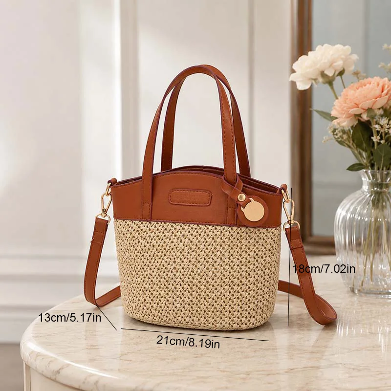 Neue Damen Gewebte Tasche PU-Leder Patchwork Umhängetasche Sommer Strand Shopper Schultertasche Urlaub Reisetaschen S/L – Detail 5