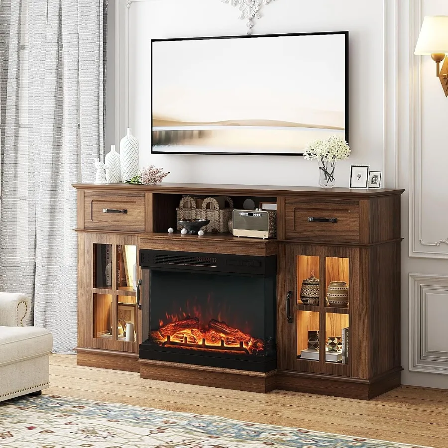 

Fireplace TV Stand up to 65'' TVs 3-Sided Glass Entertainment Center with Electric Fireplace Heater Glass Doors and Drawers Fir