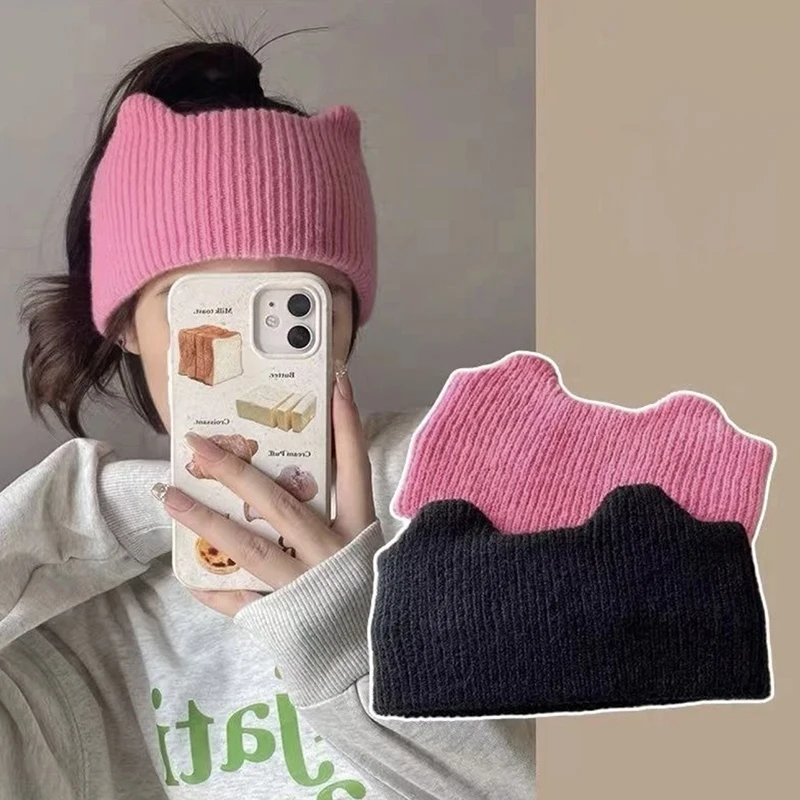 Cute Cat Ears Warm Knitted Headband Female Retro Face Wash Elastic Hair Bands Wide-brimmed Head Wrap