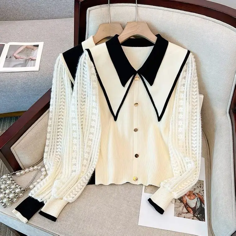 

High-End Color Blo Knitwear Doll Collar Women's irt Autumn Winter Youthful Splice College Sle Long Sve Ne