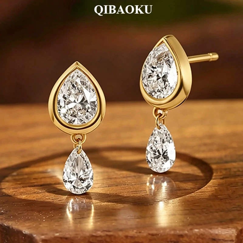 QIBAOKU New Pear Cut All Zircon Stud Earrings Dainty Bridal Wedding 18k Plated 100% S925 Sterling Silver Gift Charm Jewelry 2026