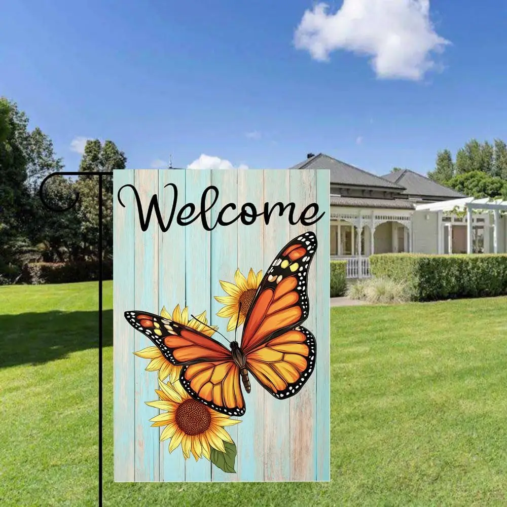 Gkyygk Welcome Butterfly Sunflower Garden Flag 12x18 Inch Banners Vertical Double Sided Small Yard Flag Burlap Farmhouse Out LLG