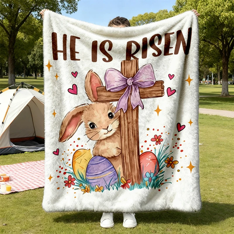 He Is Risen Easter Flannel Blanket, Christian Easter Bunny Cross Flannel Throw, 6 Resurrection Sunday Cozy Blanket
