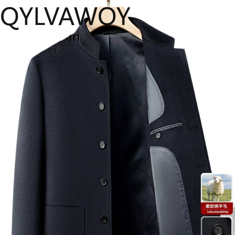 

QYLVAWOY, 100% шерсть, осень-зима 2022, новое мужское шерстяное твидовое пальто с воротником-стойкой, верхняя одежда Zhongshan, топ для папок abrigo LJ2664