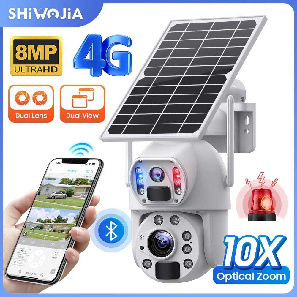 

SHIWOJIA 4G Solar Camera Outdoor 8MP 4K 10X Optical Zoom Dual Lens Recording Auto Tracking Security WIFI CCTV Metal Waterproof