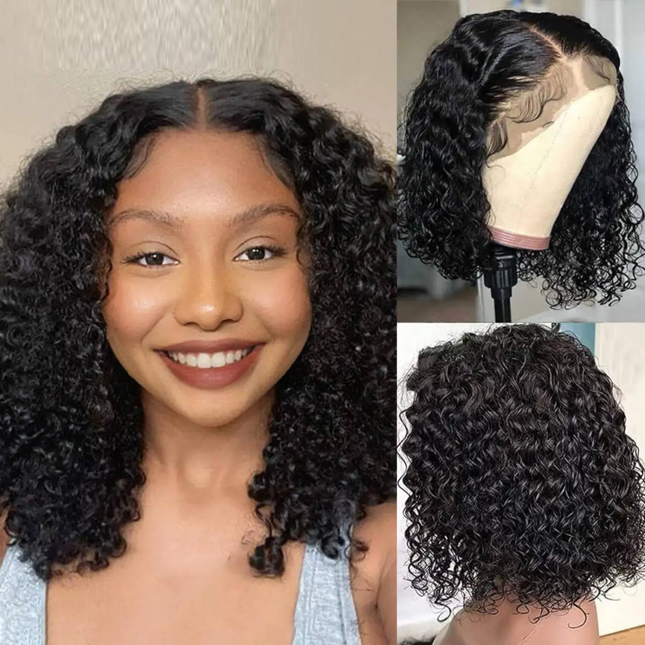 

Short Curly Bob Wig HD Transparent 13x4 Full Frontal Lace Natural Color Remy Human Hair Pre Plucked Wigs 8-14 Inch 200 Density