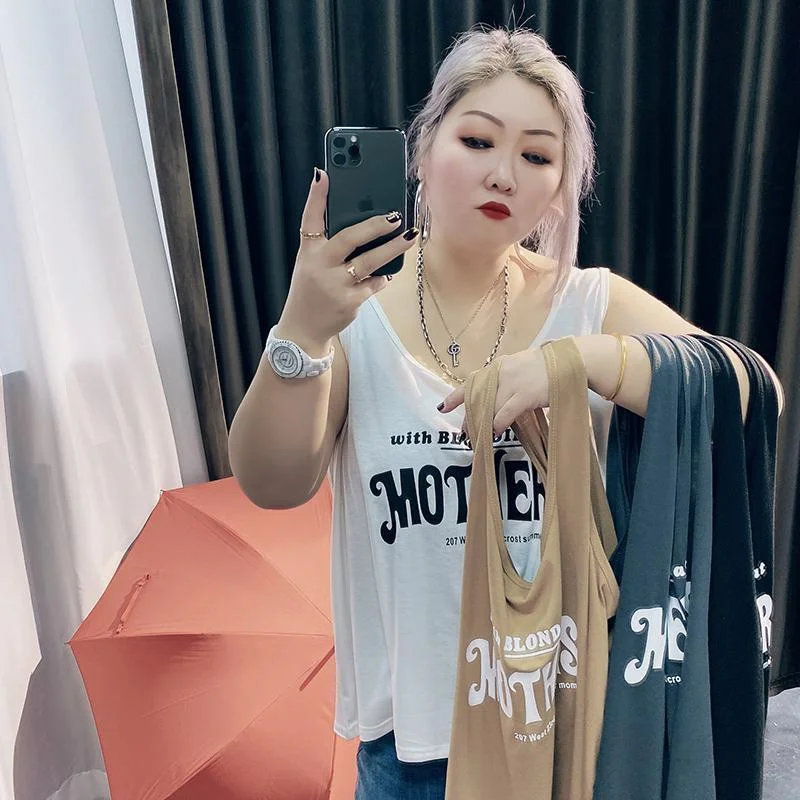 

plus Size 300 Pou Korean Sle Loose Casual Meat Concealing Letter Print Vest Versatile Svel Base irt for Women