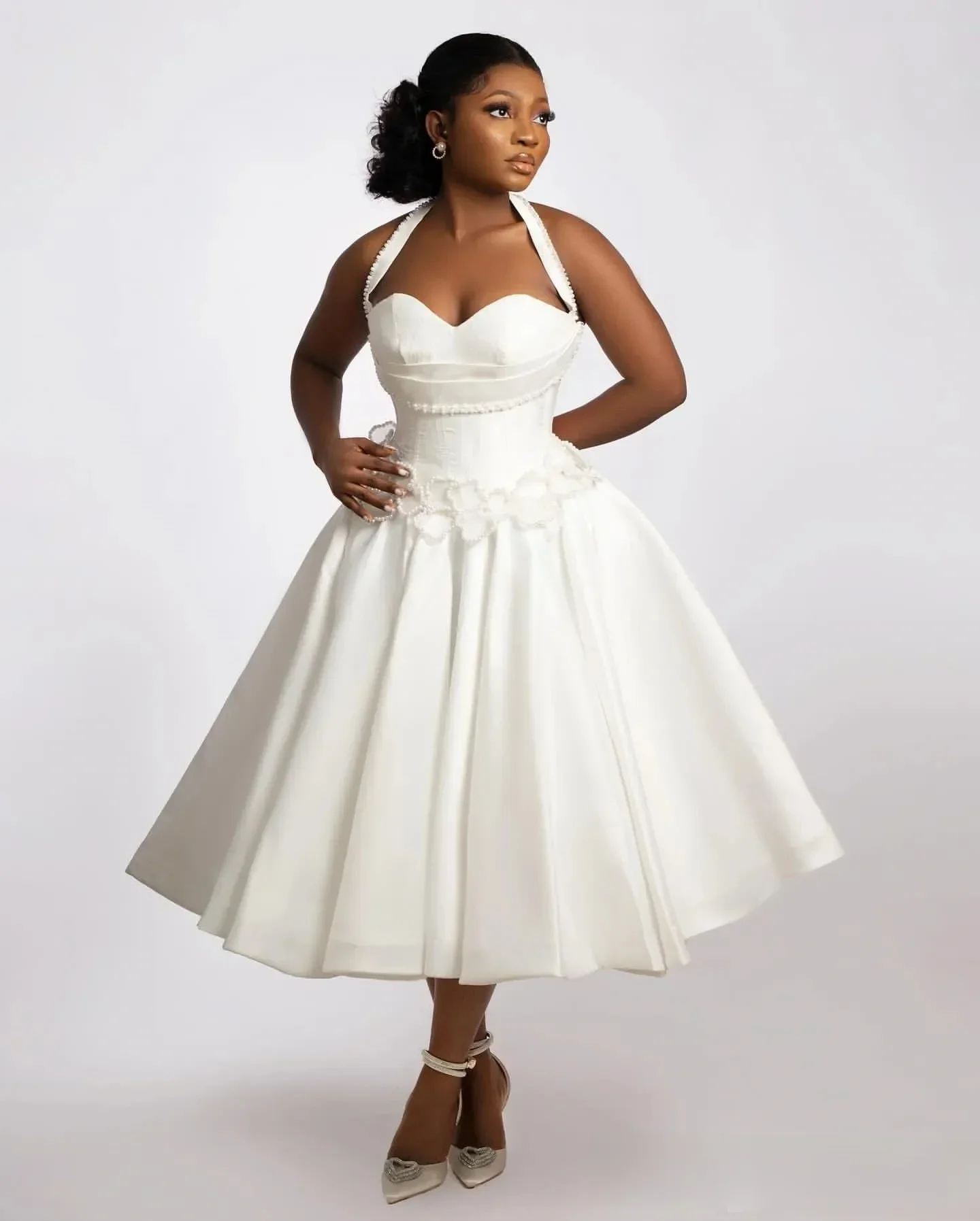 Fashionable A-Line Lace Pearl African Women's Wedding Dress Sexy Sweetheart Off The Shoulder Dance Party Bridal Gown Customized