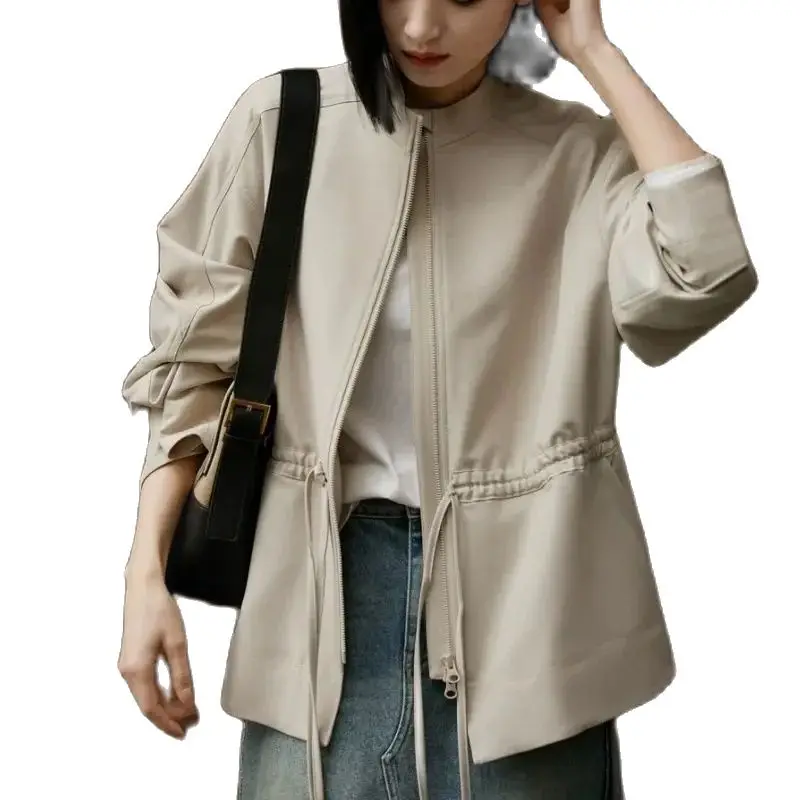 

Spring Autumn Women's Coat 2024 New Fashion Temperament Stand-Up Collar The Waist Jackets Pure Colour 4XL Outerwear Female