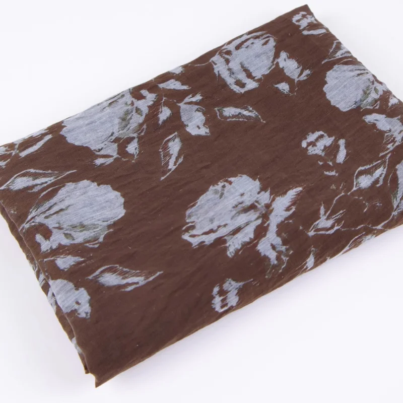 

Dark brown, blue floral printed, slightly pleated texture, tencel linen, cotton linen fabric, halter skirt, half skirt fabric