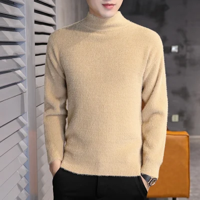 2023 Autumn Men Imitation Mink Velvet Sweaters Men Korean Fashion Trend Streetwear Sweater Teenage Basic Mock Neck Pullovers