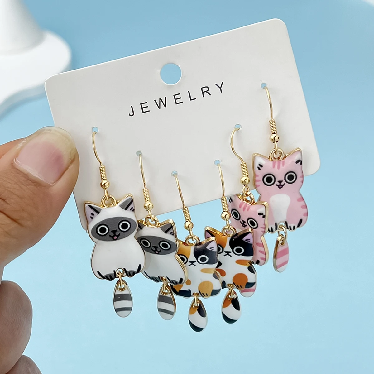 3 Pairs Cute Enamel Alloy Cat Dangle Earrings Set