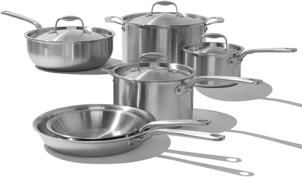 10 Piece Stainless Steel Pot and Pan Set - 5 Ply Clad - Includes Stainless Steel Frying Pans, Saucepans, Saucier and Stock Pot