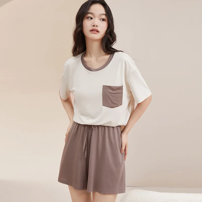 Round Neck Short Sleeved  Home Clothes Summer Cool Feeling Sleepwear Solid Color Women's Loungewear Thin Model With Chest Pad