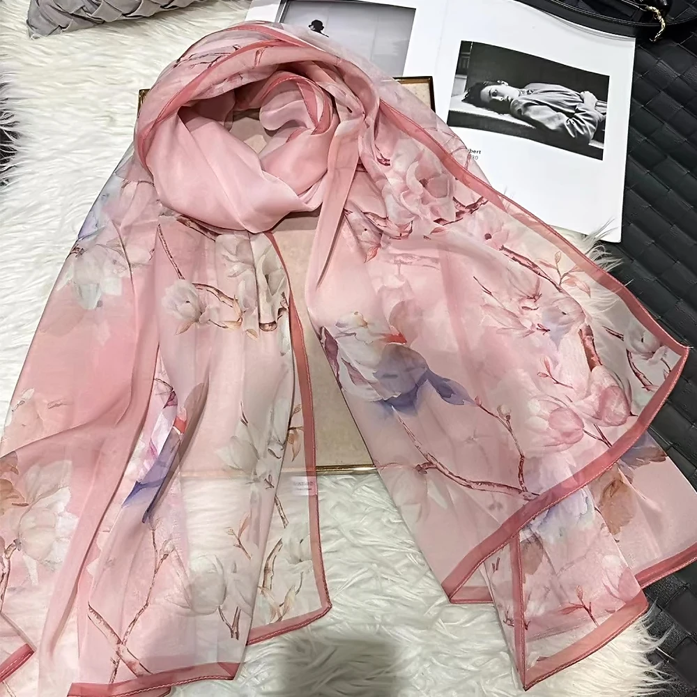 Spring NEW Luxury 100% Pure Silk Shawl Scarf Fashion Brand Pink Megnolia Long Scarves Wraps Summer Silk Chiffon Beach Scarf Cape