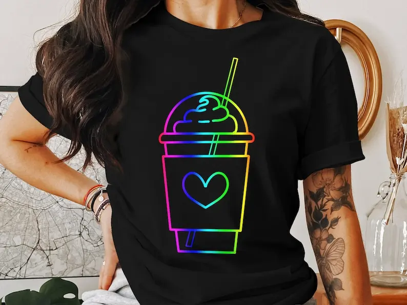 Colorful Neon Drink Graphic Tee, Retro Beverage Milkshake T-Shirt, Vintage Style Party Shirt, Aesthetic Fashion Top Nostalgia