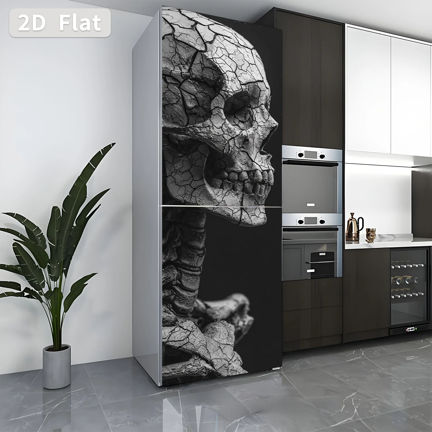 Refrigerator Sticker Cracked Skull Statue Themed Design Wall Decal Self-Adhesive Wallpaper Suitable for Cabinets and Wardrobes
