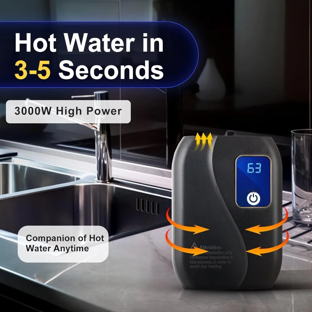 Mini Tankless Water Heater Electric for Under Sink Instant On Demand Hot Water Heater 3000W with Digital Display for Kitchen