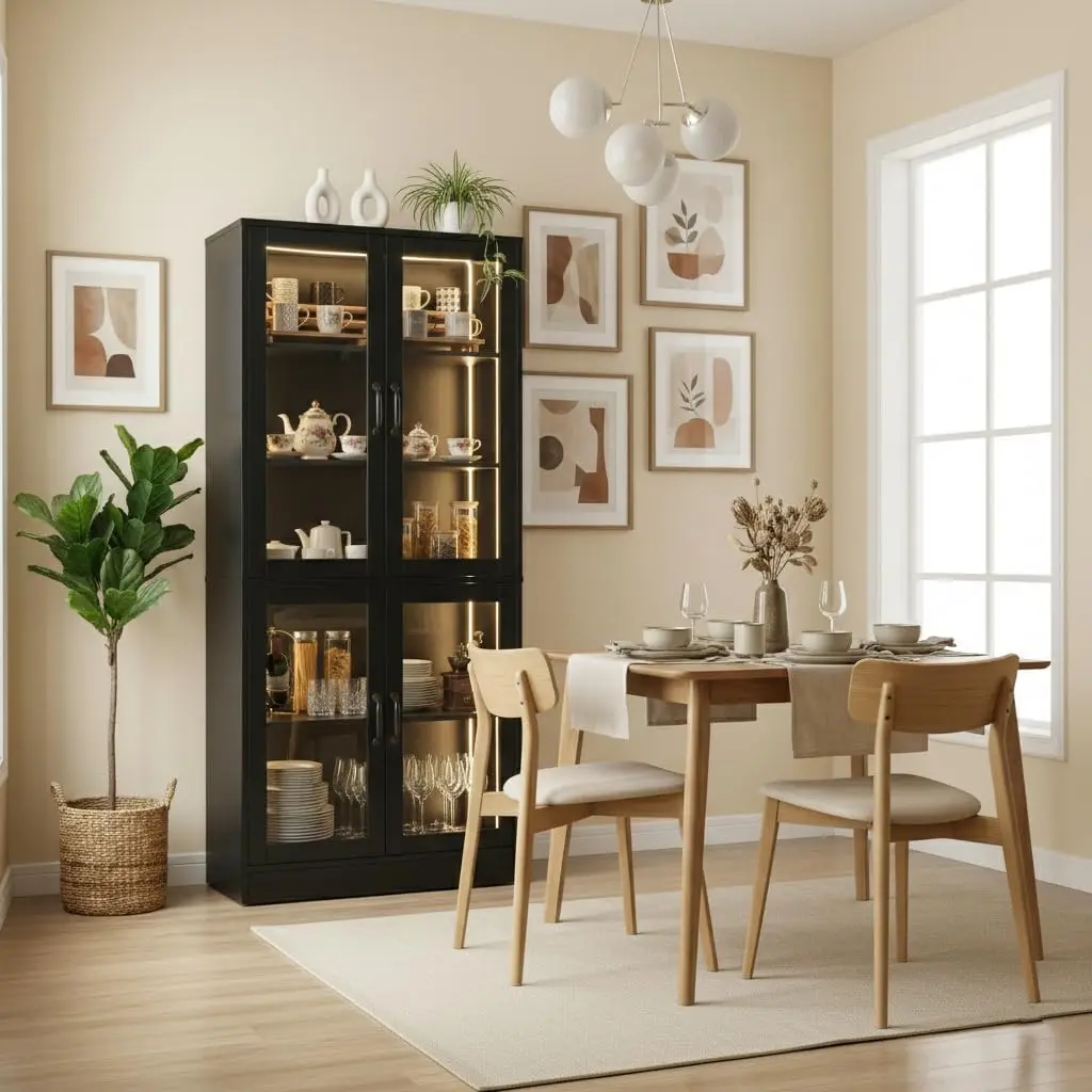 5-Tier Glass Door Display Cabinet LED Lights 65" Tall 4-Door Storage Bookshelf Living Room Home Office, Customized - view 6