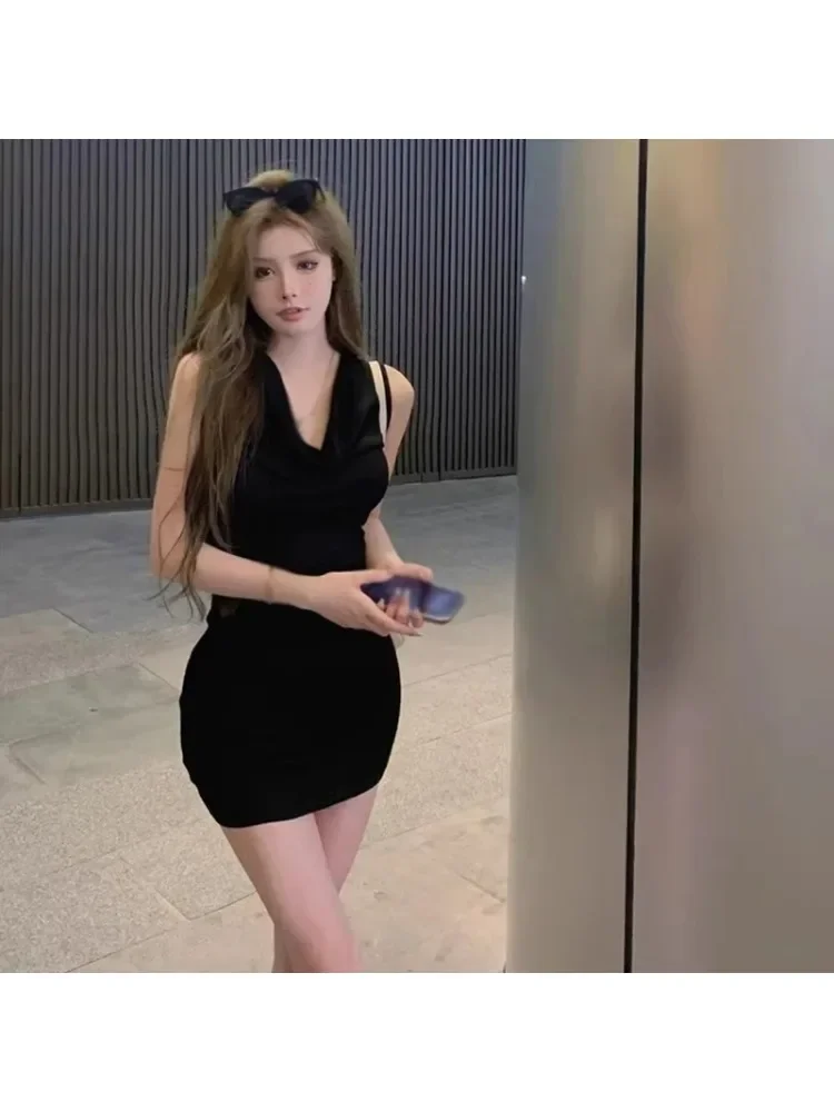 Versión coreana, vestido ajustado Sexy a la moda de Color sólido para mujer, vestido ajustado sin mangas con cuello oscilante de verano, vestido ajustado con chaleco
