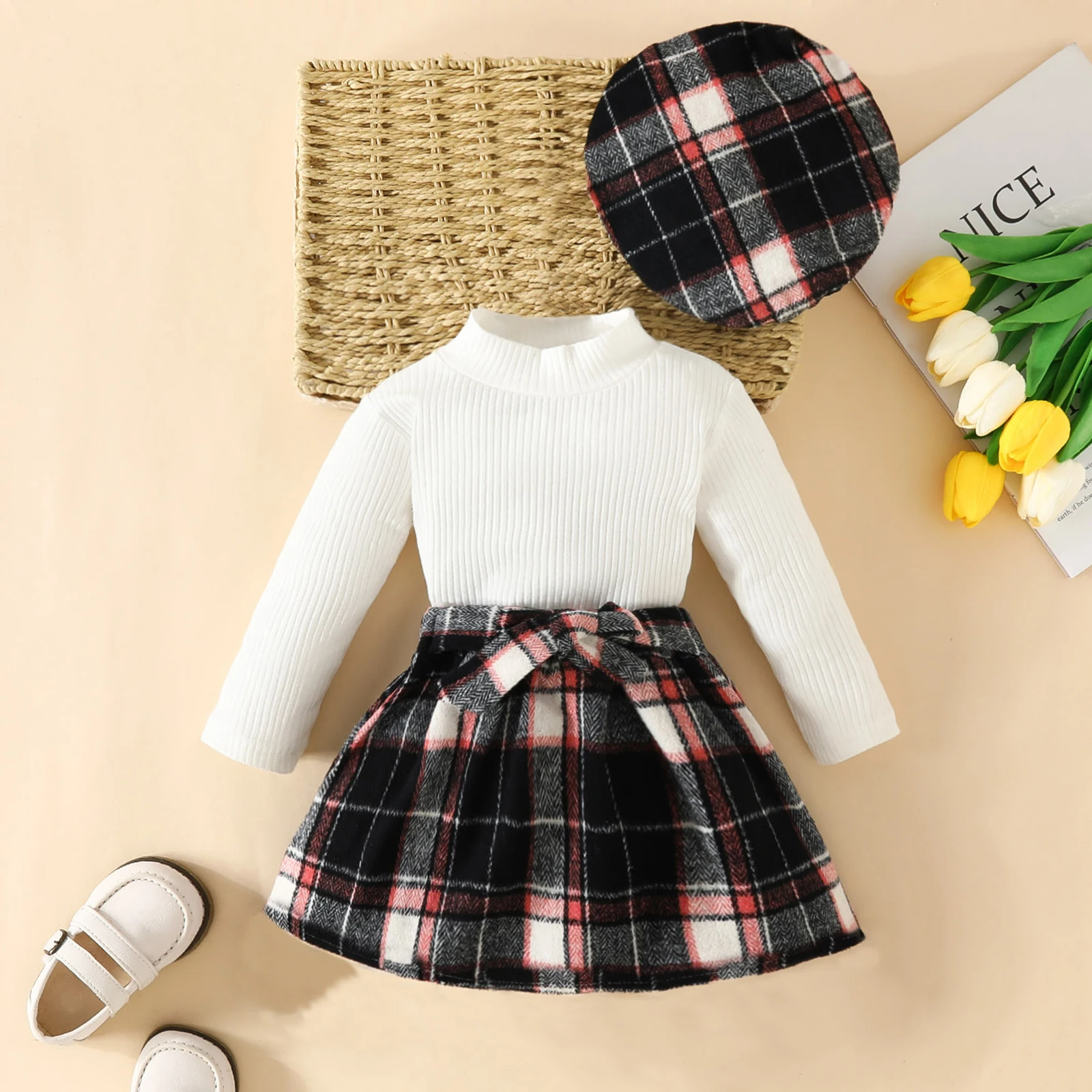 ma&baby 6M-3Y Bambino Infantile Neonato Set di vestiti per ragazze Maglia a maniche lunghe Top Plaid Skrits Cappello Autunno Primavera Abiti D05